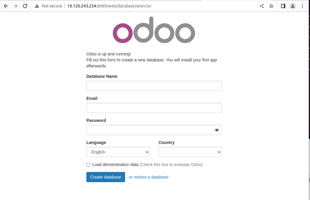 Giao diện người dùng tạo cơ sở dữ liệu Odoo 11